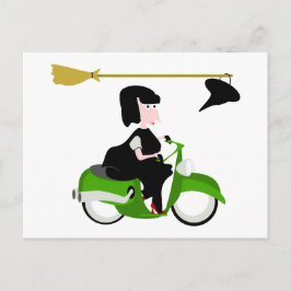 Hexe reiten grüne Moped Postkarte