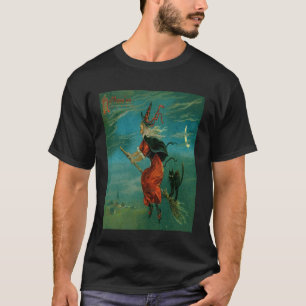 Hexe reitet auf einem Besen mit Vintage-Vektorgraf T-Shirt