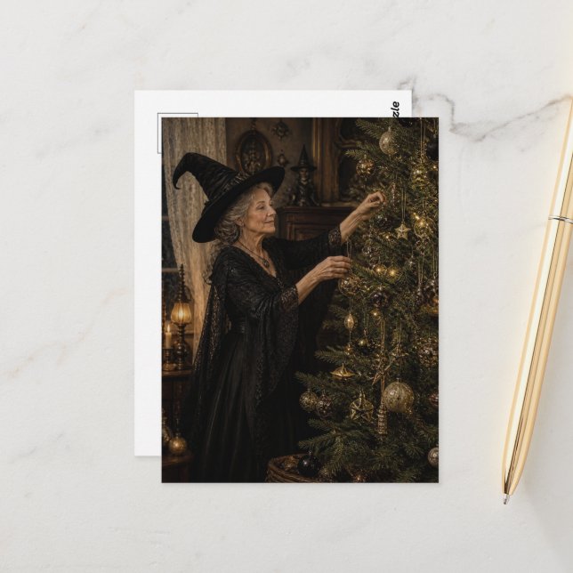 Hexe schmückt ihren Julbaum Postkarte (Vorderseite/Rückseite Beispiel)