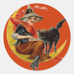 Hexe & schwarze Katze auf dem Mond - Halloween-Auf Runder Aufkleber
