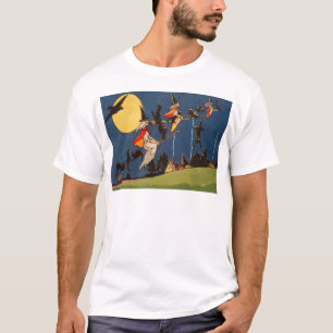 Hexe schwarze Katze fliegende Mond Krähe T-Shirt