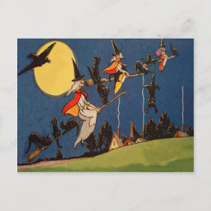 Hexe schwarze Katze fliegender Mond Rabe Postkarte