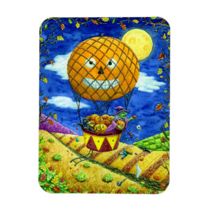 HEXE, SCHWARZE KATZE IN HEIßLUFTBALLON VOLKSKUNST MAGNET