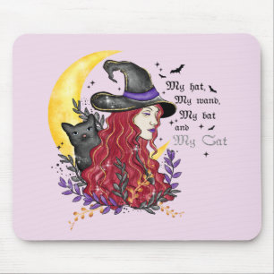 Hexe, Schwarze Katze und Halbmond Mousepad