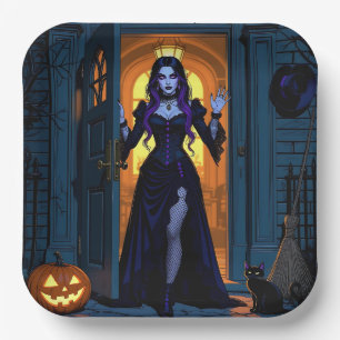 Hexe, Schwarze Katze und Jack-O-Laterne Halloween Pappteller