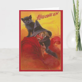 Hexe-schwarze Katze Vintages Halloween Karte