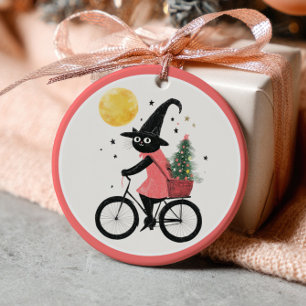 Hexe Schwarzkatze Radfahren Weihnachtsbaum Witchy Keramik Ornament