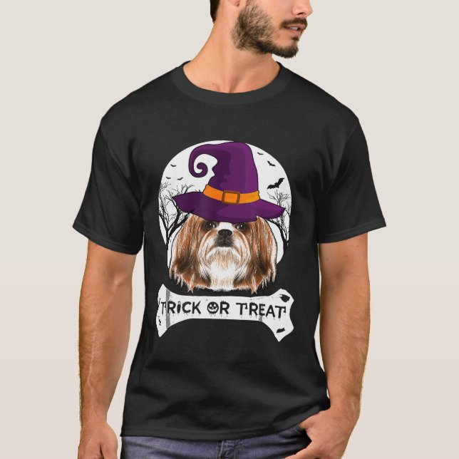 Hexe Shih Tzu Trick oder behandeln Hund Halloween- T-Shirt (Vorderseite)