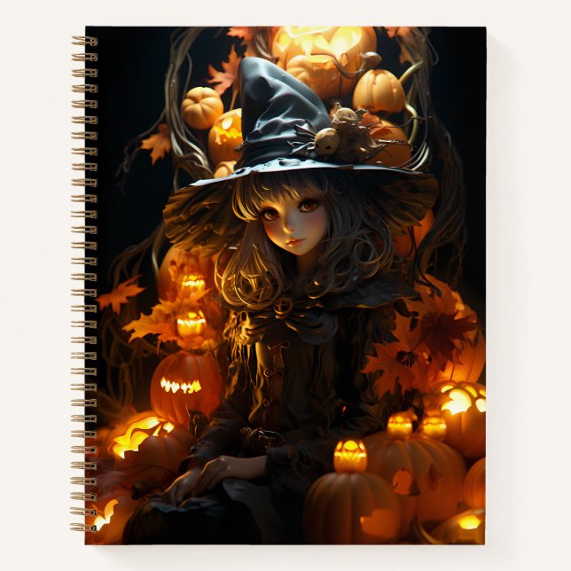 Hexe sitzt auf ihrem Jack-O-Lantern-Thron Notizbuch (Vorderseite)