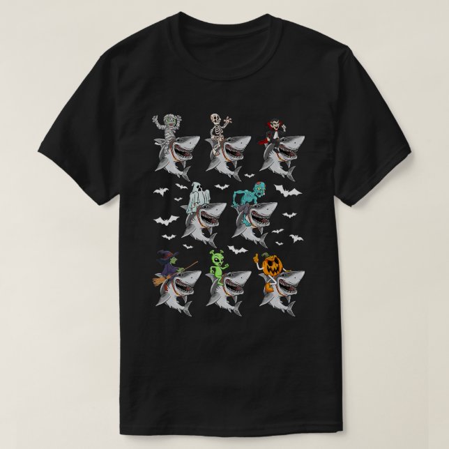 Hexe Skeleton Zombie Mummy Vampire Riding Shark H T-Shirt (Design vorne)