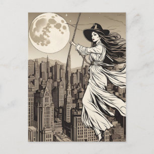 Hexe über der Stadt auf einem Vollmond, Halloween Postkarte