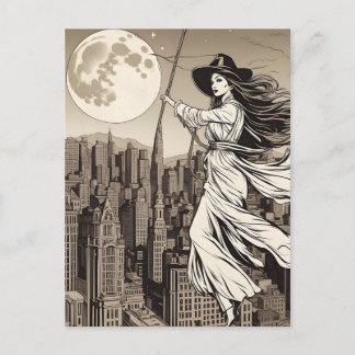 Hexe über der Stadt bei Vollmond, Halloween Postkarte