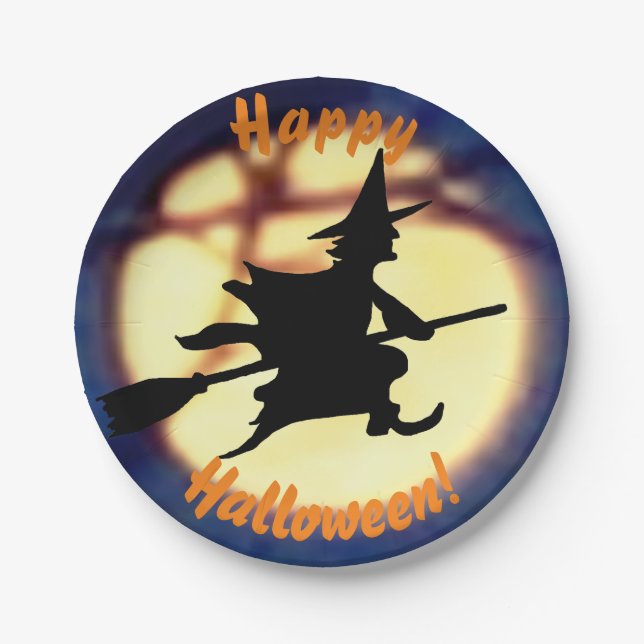 Hexe über Mond Halloween Paper Teller (Vorderseite)
