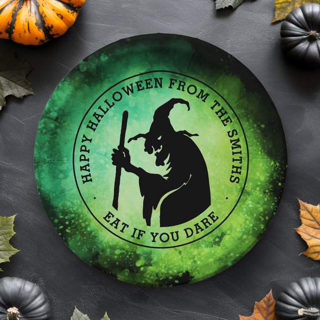 Hexe und benutzerdefinierter Text grün schwarz Hal Pappteller (Witch and custom text green black Halloween Paper Plates)