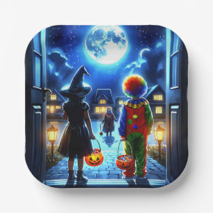Hexe und Clown, die ein Monster Halloween anschaue Pappteller