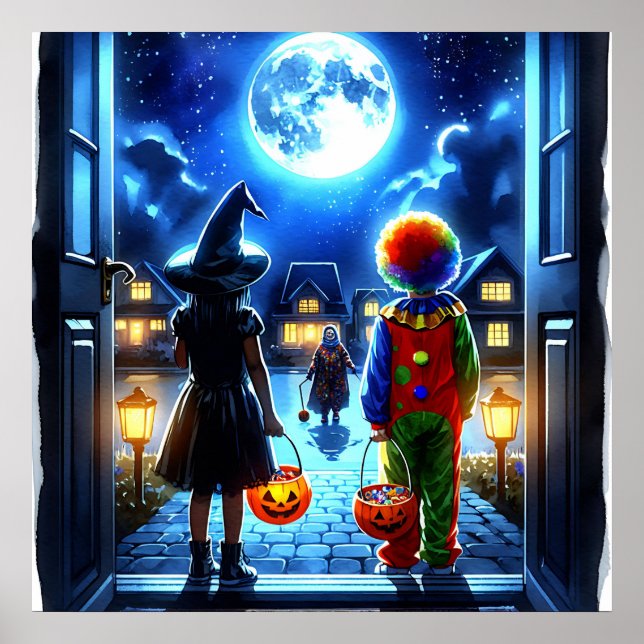 Hexe und Clown, die ein Monster Halloween anschaue Poster (Vorne)