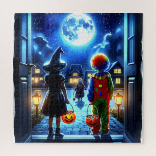 Hexe und Clown, die ein Monster Halloween anschaue Puzzle