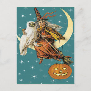 Hexe und Eule auf dem Mond Vintage-Postkarte Postkarte