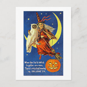 Hexe und Eule auf dem Mond Vintages Halloween Postkarte