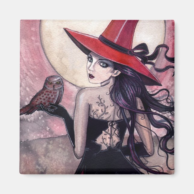 Hexe und Eule Fantasy Art Magnet (Vorne)