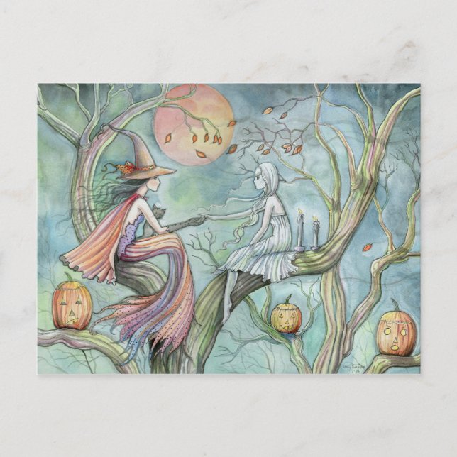 Hexe und Ghost Halloween Postkarte (Vorderseite)