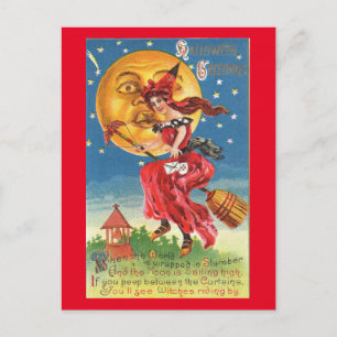 Hexe und ihr Broomstick Halloween Vintag Postkarte