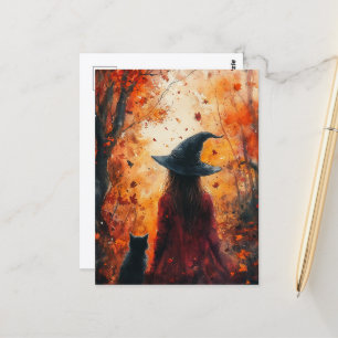 Hexe und ihre Katze im Herbstwald Postkarte