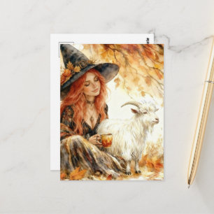 Hexe und ihre Ziege trinken Morgenkaffee im Herbst Postkarte