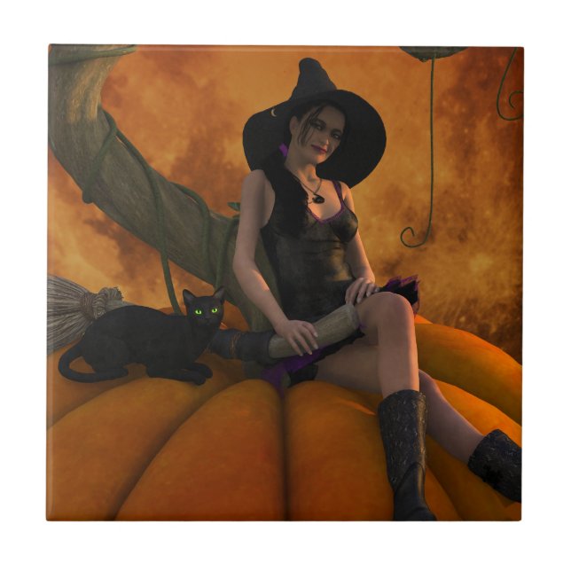 Hexe und Katze auf Giant Pumpkin Fliese (Vorderseite)