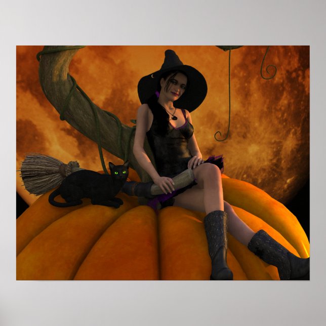 Hexe und Katze auf Giant Pumpkin Poster (Vorne)