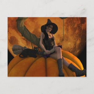 Hexe und Katze auf Giant Pumpkin Postkarte