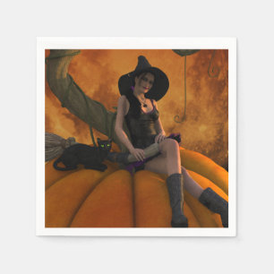 Hexe und Katze auf Giant Pumpkin Serviette