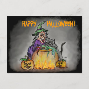 Hexe und Katze, Happy Halloween! Postkarte