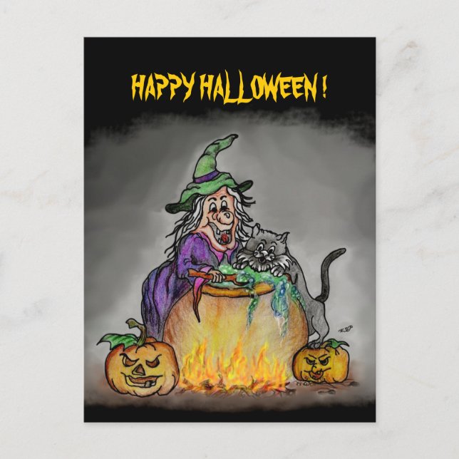 Hexe und Katze, Happy Halloween! Postkarte (Vorderseite)