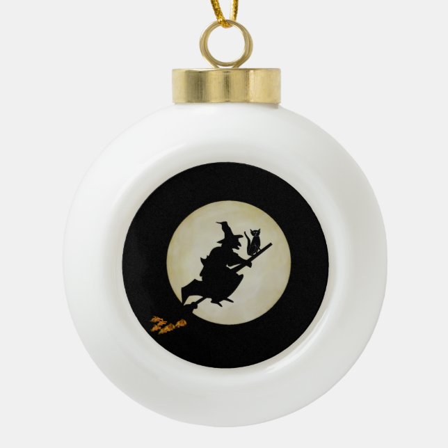 Hexe und Katze Keramik Kugel-Ornament (Vorderseite)