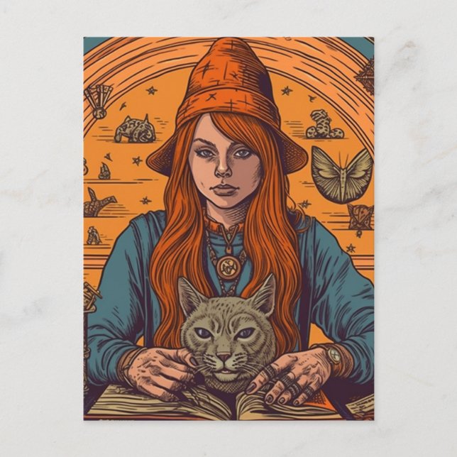 Hexe und Katze Postkarte (Vorderseite)