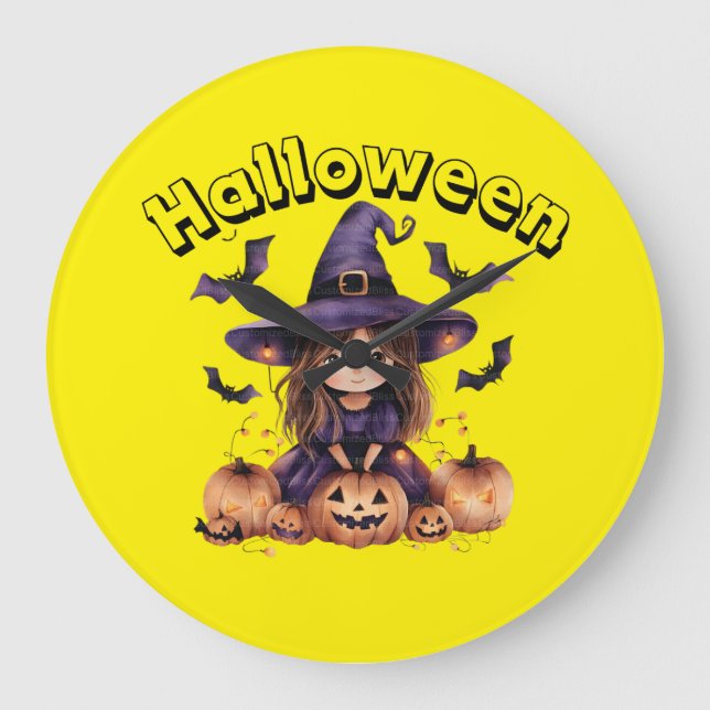 Hexe und Kürbis Halloween Wall Clock Große Wanduhr (Vorderseite)