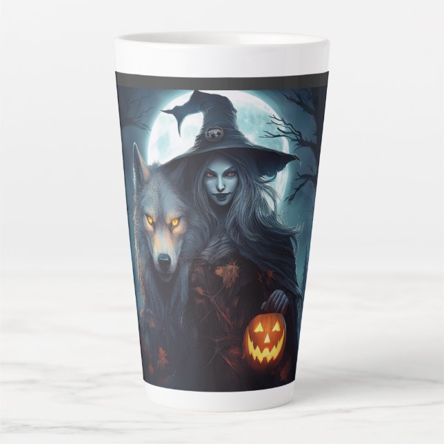 Hexe und Kürbislaterne mit Mond Milchtasse (Vorderseite)