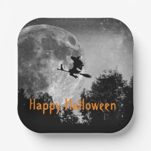 Hexe und Mond Halloween individuell anpassbar Pappteller