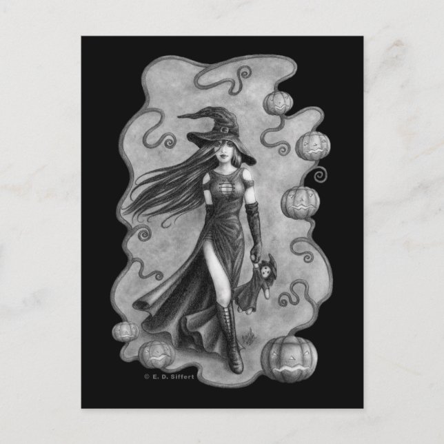 Hexe und Puppe Halloween Postkarte (Vorderseite)
