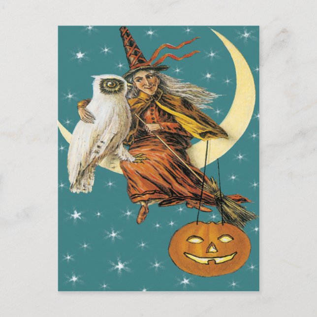 Hexe und Schale auf dem Mond Vintage Postkarte (Vorderseite)