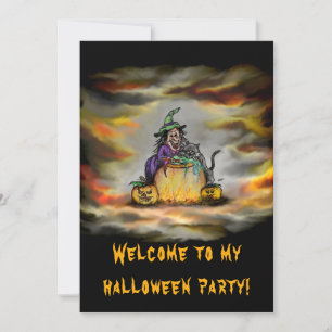 Hexe und schwarze Katze, Frohes Halloween! Einladung