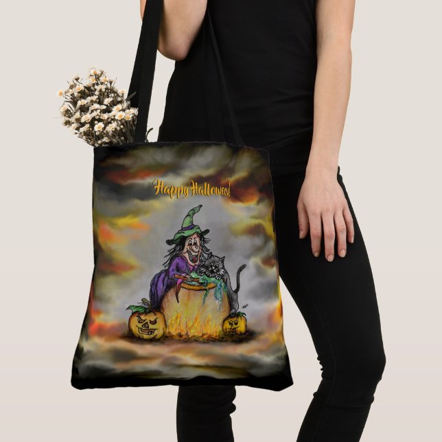 Hexe und schwarze Katze, Happy Halloween! (Von Nahem)