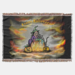 Hexe und schwarze Katze, Happy Halloween! Decke