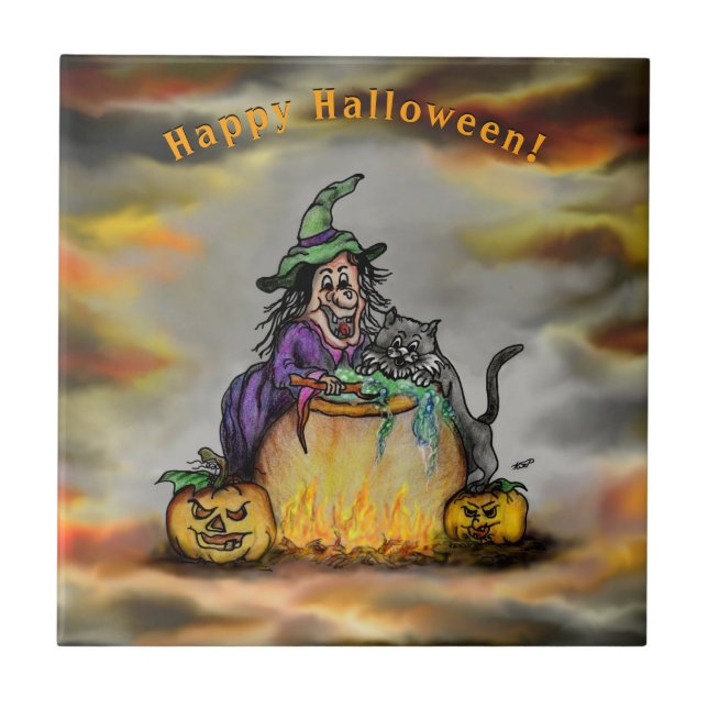 Hexe und schwarze Katze, Happy Halloween! Fliese (Vorderseite)