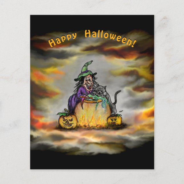 Hexe und schwarze Katze, Happy Halloween! Flyer (Vorne)