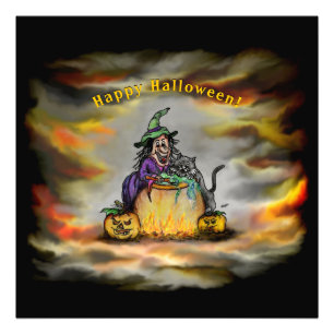 Hexe und schwarze Katze, Happy Halloween! Fotodruck