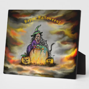 Hexe und schwarze Katze, Happy Halloween! Fotoplatte