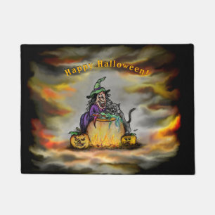 Hexe und schwarze Katze, Happy Halloween! Fußmatte