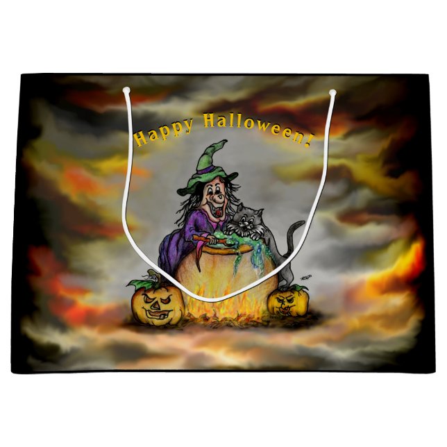 Hexe und schwarze Katze, Happy Halloween! Große Geschenktüte (Vorderseite)